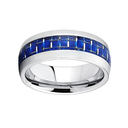 Silver Tungsten Ring with Blue Carbon Fiber Inlay for Men and Women