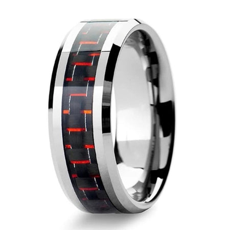 Silver Tungsten Ring with Black and Red Carbon Fiber Inlay