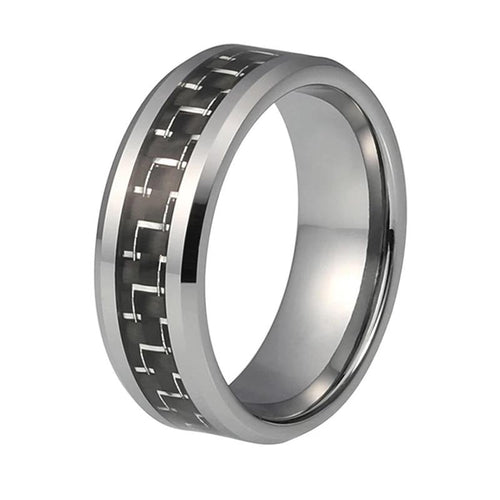 Silver Tungsten Ring with Black Carbon Fiber Inlay