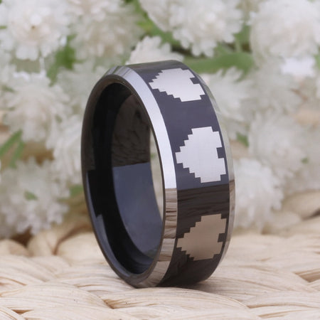 Black Heart Design Tungsten Ring with Silver Edges for Men and Women