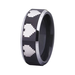 Heart Design Black Tungsten Ring with Silver Edges