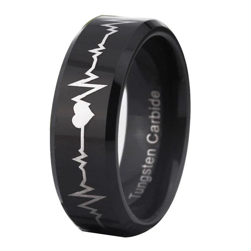 Black Heart Beat Design Tungsten Ring with Bevel Edges