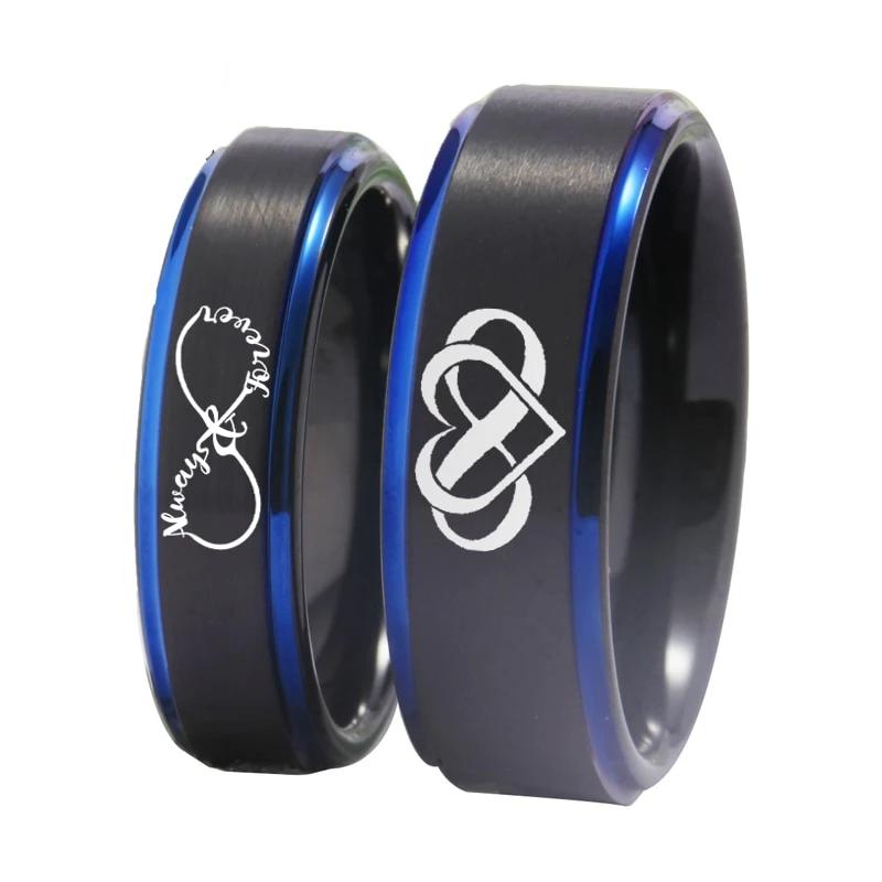 Black Infinity Heart Always and Forever Couple Tungsten Ring with Blue Line