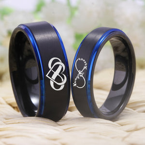 Black Infinity Heart Always and Forever Couple Wedding Band with Blue Line