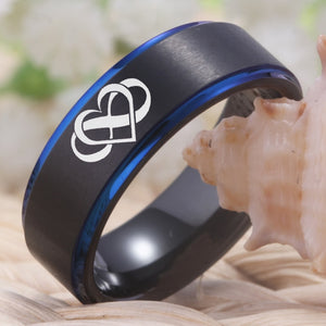 Blue Infinity Heart Always and Forever Couple Tungsten Ring