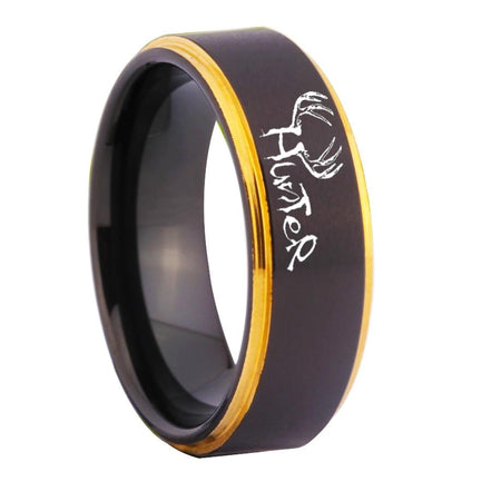 Black Elks Hunter Design Tungsten Ring with Gold Line for Men and Women