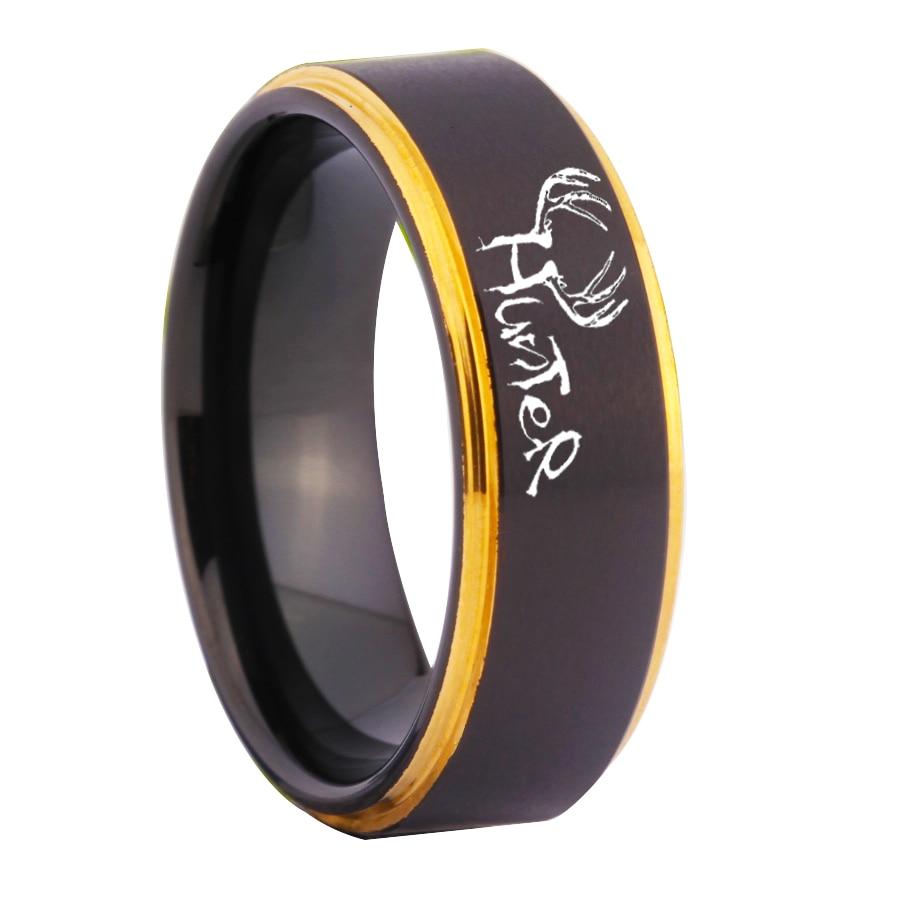 Elks Hunter Design Black Wedding Band with Gold Line