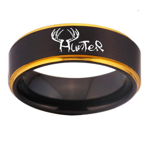 Elks Hunter Design Black Tungsten Ring with Gold Line