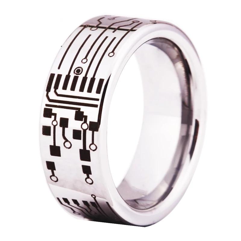 Silver Circuit Board Design Tungsten Ring