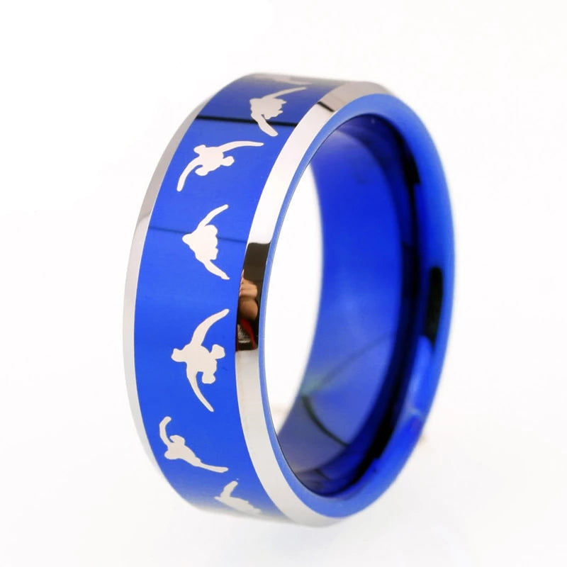 Duck Hunting Design Blue Tungsten Ring with Silver Edges