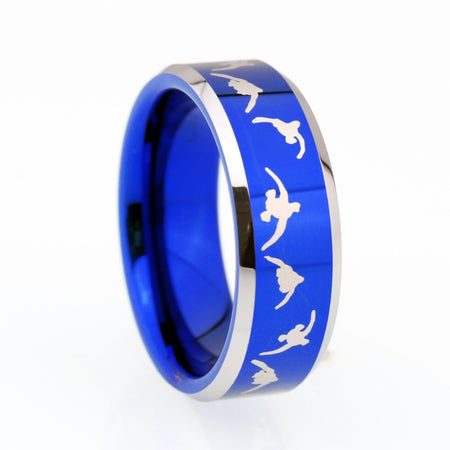 Blue Duck Hunting Design Tungsten Ring with Silver Edges for Men and Women
