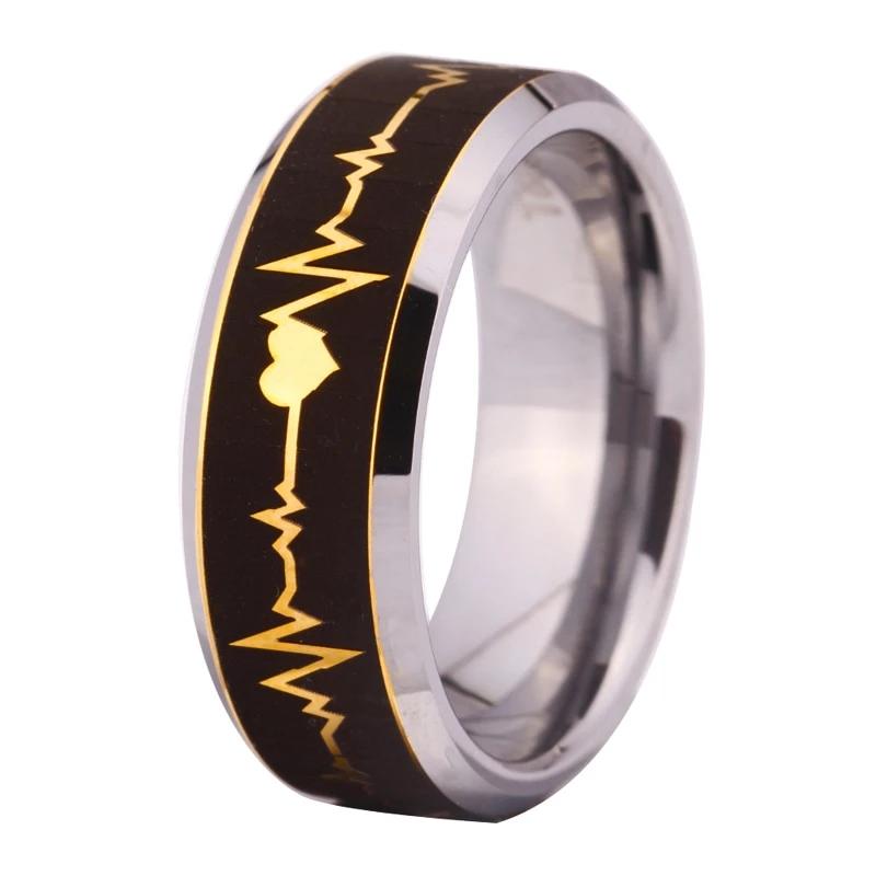 Silver Heart Beat Design Tungsten Ring with Black and Gold