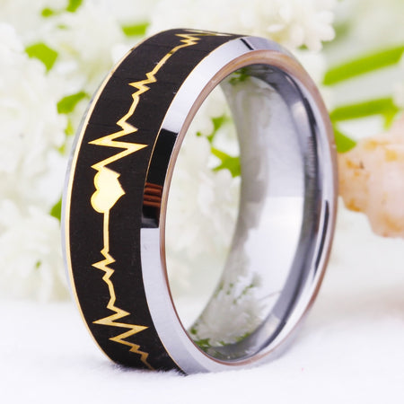 Silver Heart Beat Design Tungsten Ring with Black and Gold Design for Men and Women