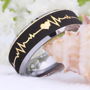 Golden Heart Beat Design Silver Tungsten Ring 