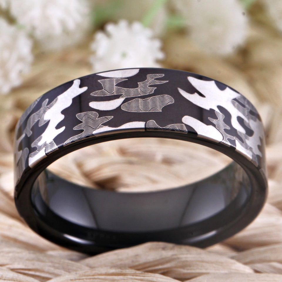 Camo Design Tungsten Ring in Black Color in 8mm Width