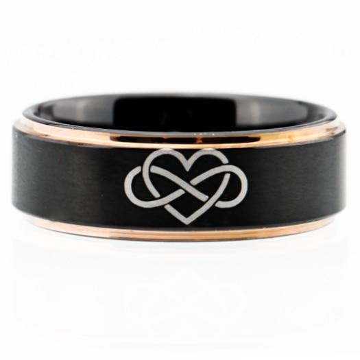 Black Infinity Heart Tungsten Ring with Golden Edges in 8mm Width