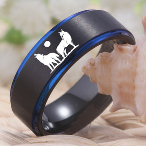 Wolf Lovers Design Black Wedding Band with Blue Line