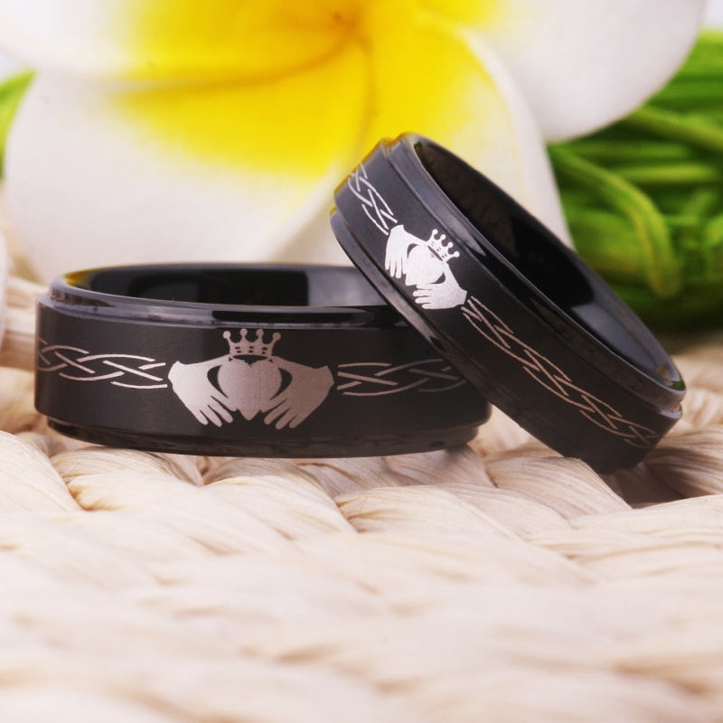Black Classic Claddagh Design Couple Tungsten Ring in 8mm Width