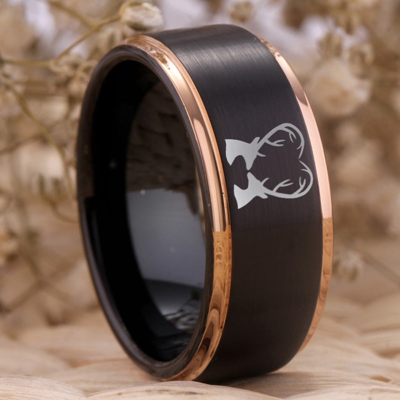 Deer Heart Design Black Tungsten Ring with Golden Edges in 8mm Width