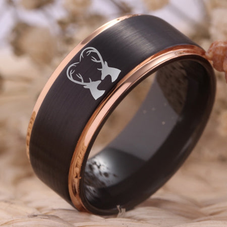 Black Deer Heart Design Tungsten Ring with Golden Edges for Men and Women