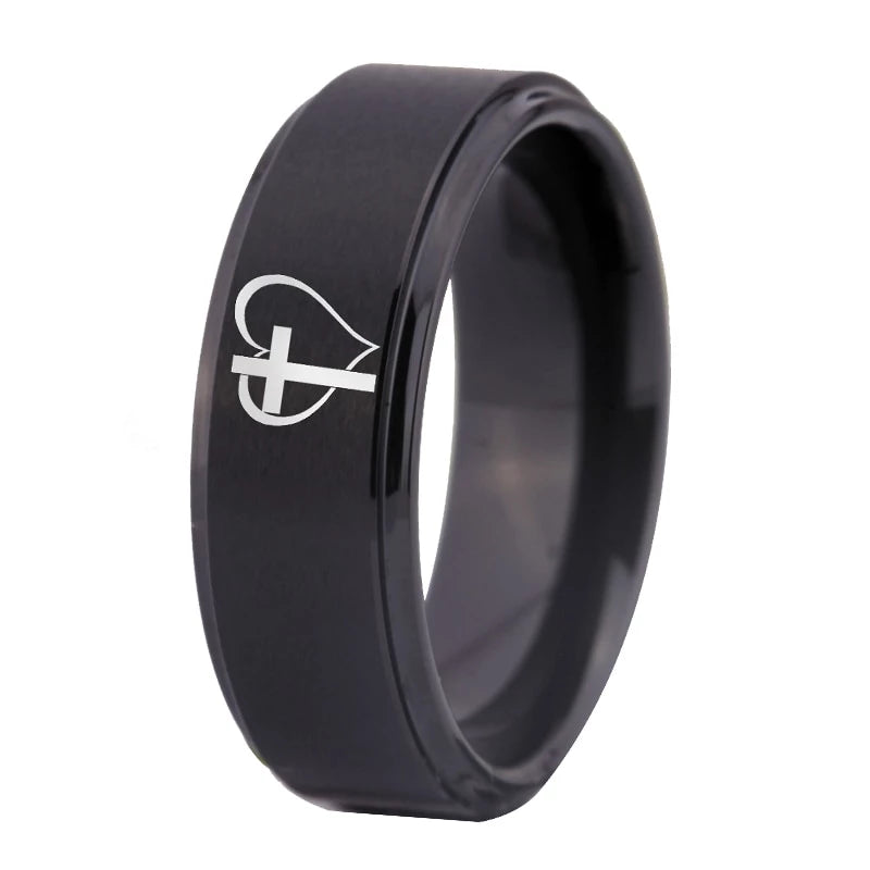 Black Cross Heart Design Tungsten Ring
