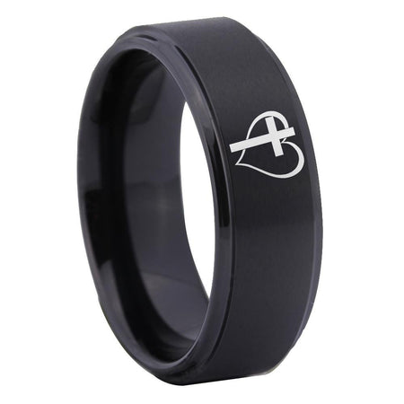 Black Cross Heart Design Tungsten Ring for Men and Women