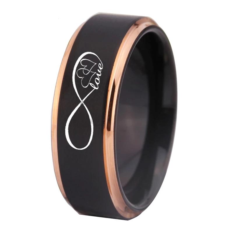 Matte Black Infinity Love Design Tungsten Ring with Rose Gold Edges
