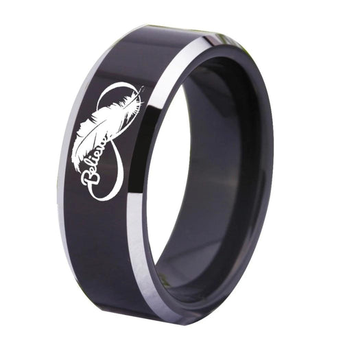 Infinite Love Believe Design Black Tungsten Ring with Silver Edges
