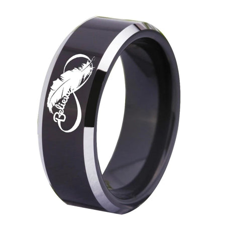 Infinite Love Believe Design Black Tungsten Ring with Silver Edges