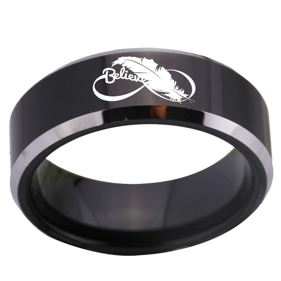 Infinite Love Believe Design Black Wedding Band with Silver Edges