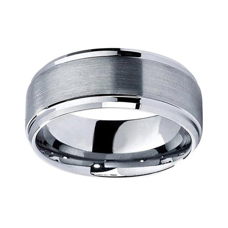 Silver Grooved Tungsten Ring with Beveled Edges and Brushed Finish for Men and Women
