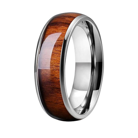 Silver Tungsten Ring with Koa Wood Inlay and Shiny Edges