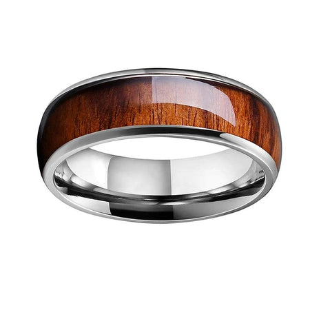 Silver Tungsten Ring with Natural Koa Wood Inlay and Shiny Beveled Edges for Men and Women