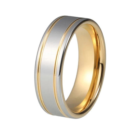 Yellow Gold Tungsten Ring with Double Grooves and Silver Polished Finish for Men and Women