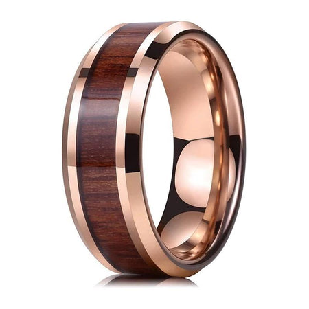 Rose Gold Tungsten Ring with Koa Wood Inlay and Beveled Edges