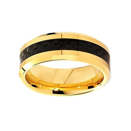 Yellow Gold Tungsten Ring with Black Carbon Fiber Inlay for Men and Women