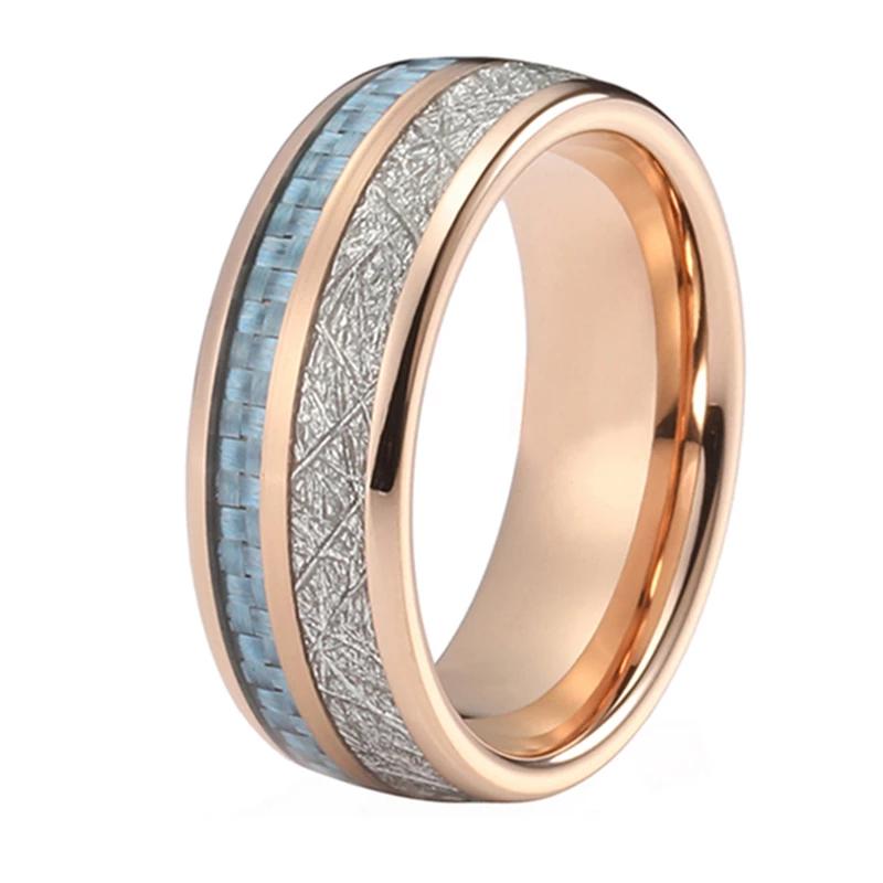 Rose Gold Tungsten Ring with White Meteorite and Blue Carbon Fiber Inlay