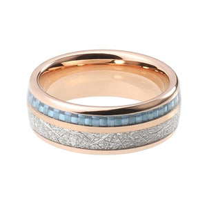 Rose Gold Wedding Band with White Meteorite and Blue Carbon Fiber Inlay
