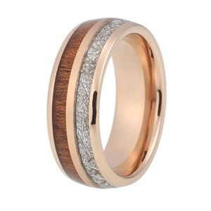 Rose Gold Tungsten Ring with Wood and White Meteorite Inlay