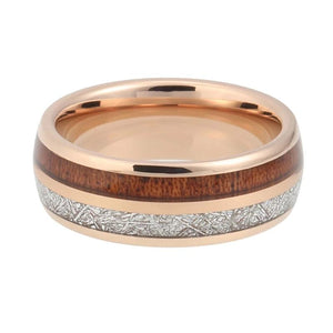 Rose Gold Wedding Band with Wood and White Meteorite Inlay
