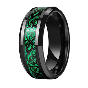 Black Celtic Dragon Tungsten Ring with Green Carbon Fiber Inlay