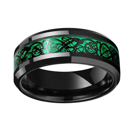 8mm Black Celtic Dragon Tungsten Ring with Green Carbon Fiber Inlay for Men and Women
