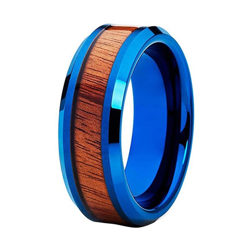 Blue Tungsten Ring with Wood Inlay and Shiny Edges
