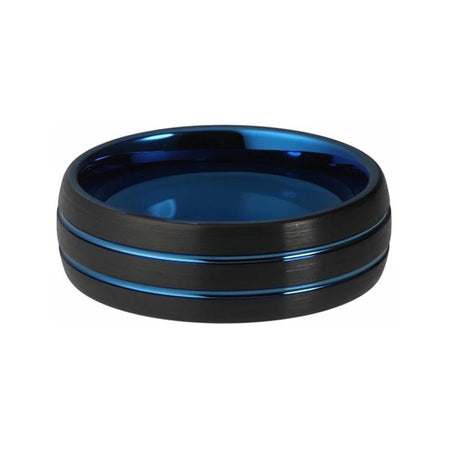 Black and Blue Tungsten Ring with Double Grooved Brushed Finish for Men and Women