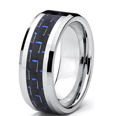 Silver Tungsten Ring with Black and Blue Carbon Fiber Inlay
