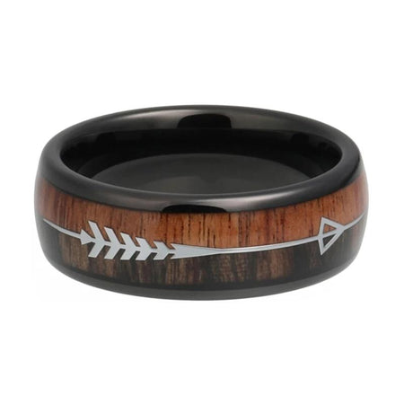Black Tungsten Ring with Koa Wood Inlay and Arrow for Men and Women