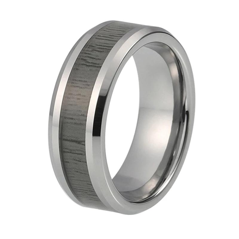 Silver Tungsten Ring with Zebra Wood Inlay and Beveled Edges for Men and Women