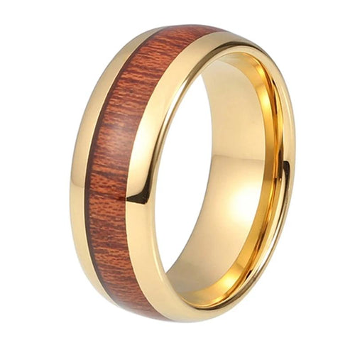 Yellow Gold Tungsten Ring with Wood Inlay
