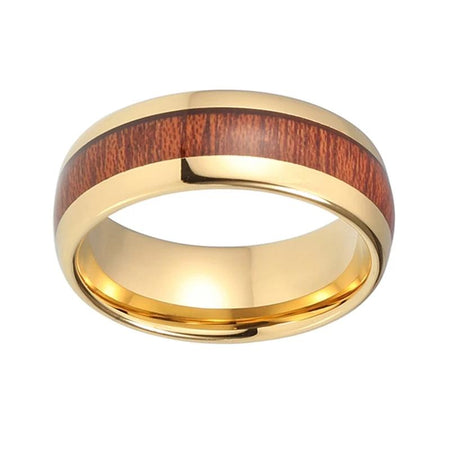 Yellow Gold Tungsten Ring with Koa Wood Inlay for Men and Women