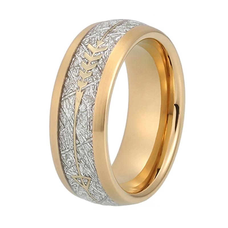 Yellow Gold Tungsten Ring with White Meteorite Inlay and Arrow Design